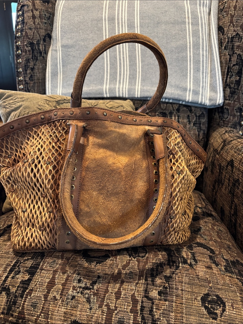 Corral Boho Brown Leather and Woven Tote Bag - Picture 3 of 4